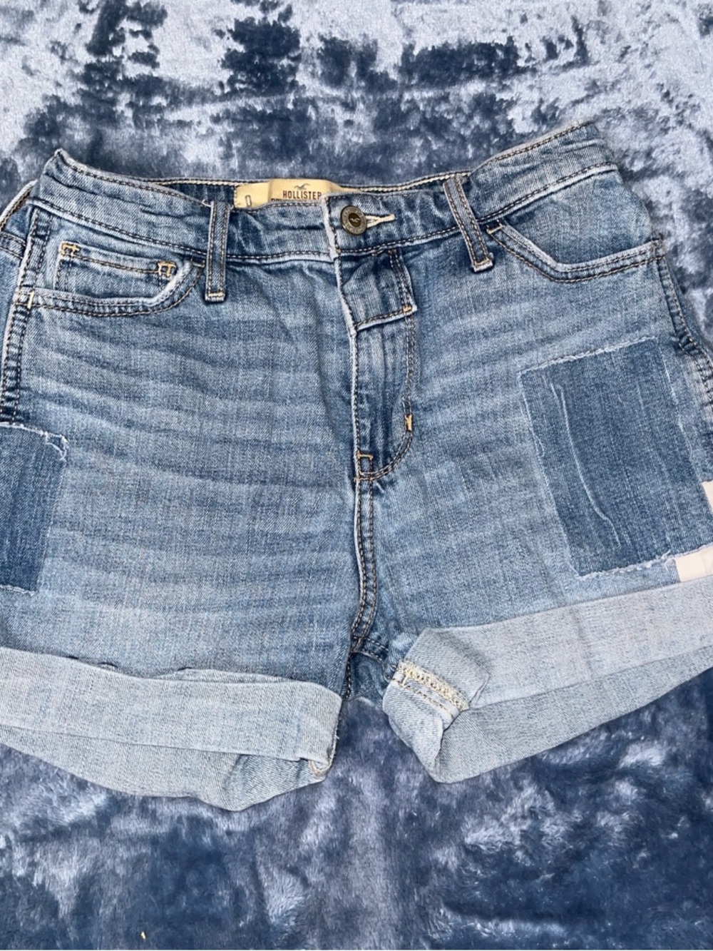 Hollister Women's Light Blue Patchwork Rolled Hem Denim Shorts